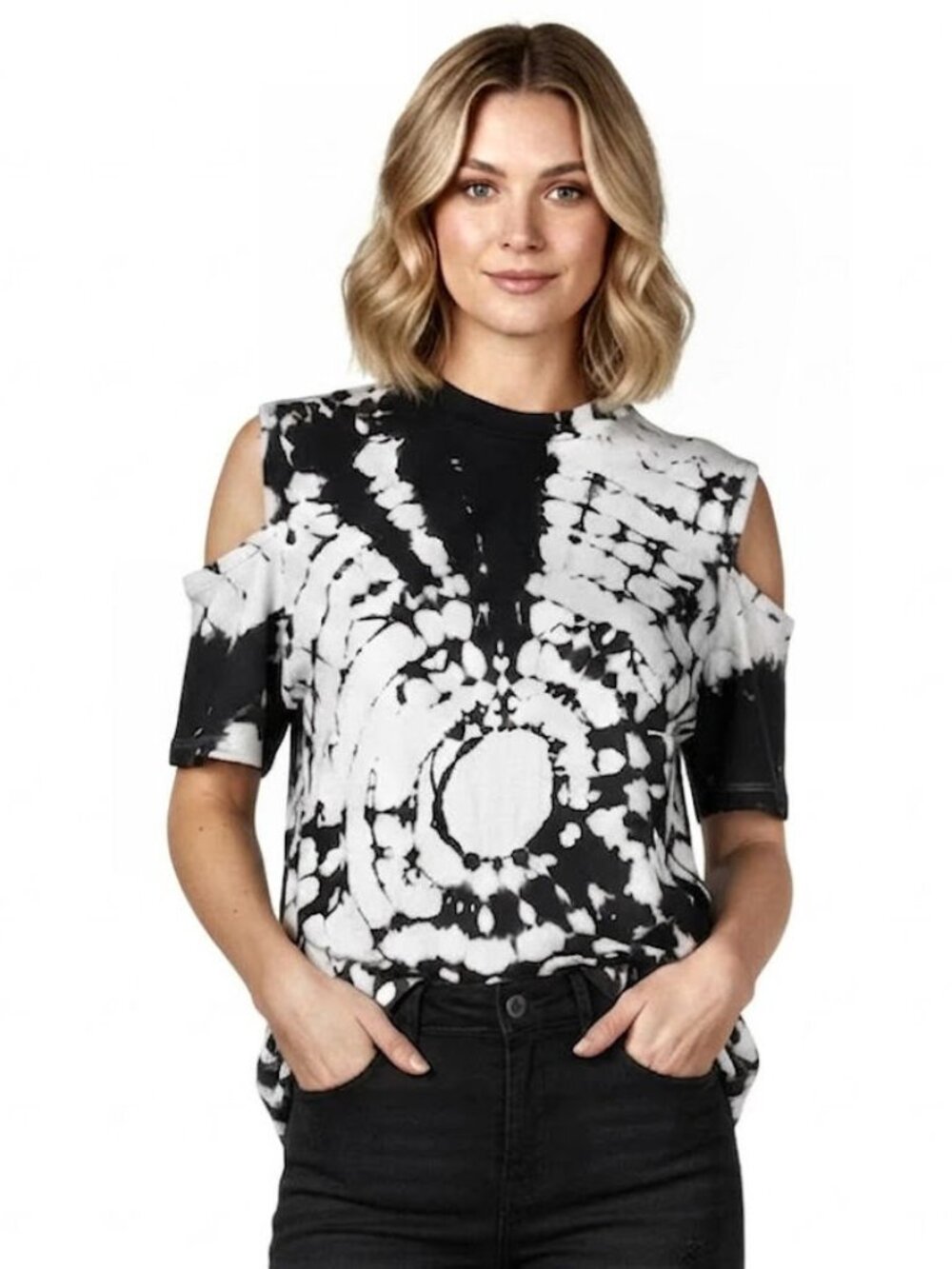 Toga Pulla Women's tie dye cold shoulder T-shirt , Black/ White, Size 38, US 2